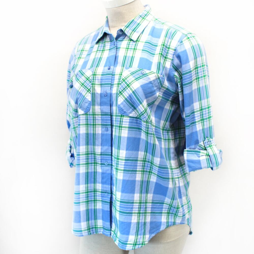 Lauren Ralph Lauren plaid rolled up sleeves shirt blouse top pockets soft XXL